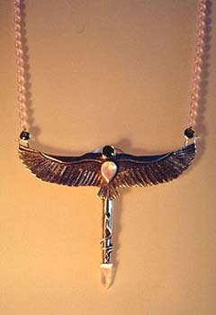 Sterling Silver and 18k gold. Moldavite, rose quartz. Texture engraced, fabricated silver and gold