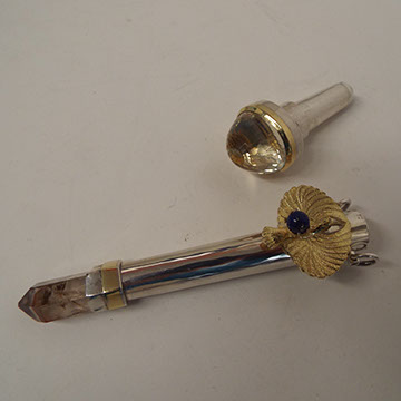 Sterling silver, 18k gold, smoky quartz, diamond eyes, lapiz, large citrine. Hand fabricated.