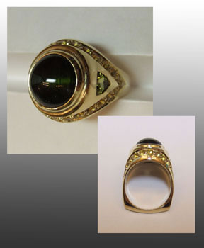 18k gold ring with green tourmaline with cats eye. Green and golden shappires. Cast and fabricated and designed by Ruth Rhoten